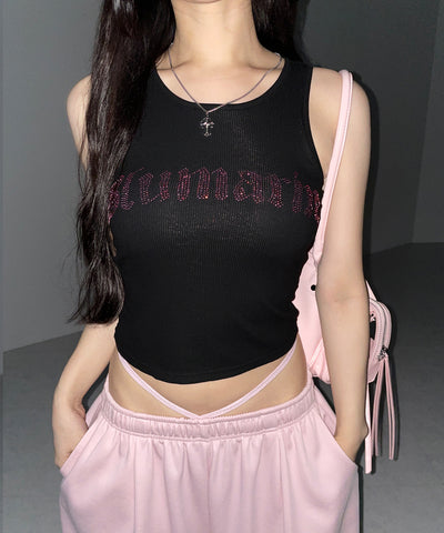 ラインストーンロゴリブタンクトップ／Rhinestone logo ribbed tank top