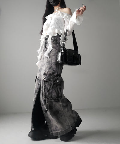 【 ３SIZE 】クラッシュブリーチセンタースリットカーゴデニムスカート ／ crash bleach center slit cargo denim skirt