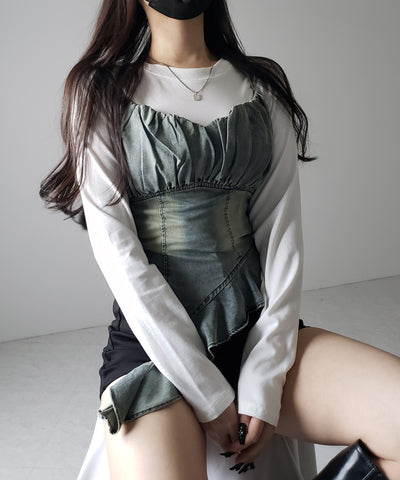 【 ２点セット 】ヴィンテージデニムビスチェ ＆ レイヤードＴシャツセット ／ vintage denim bustier & layered Ｔ-shirts set