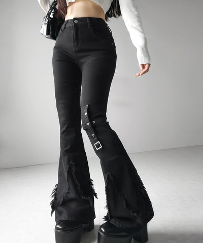 クロスデザインヴィンテージライクフリンジストレッチフレアデニム ／ cross design vintage-like fringe stretch flare denim