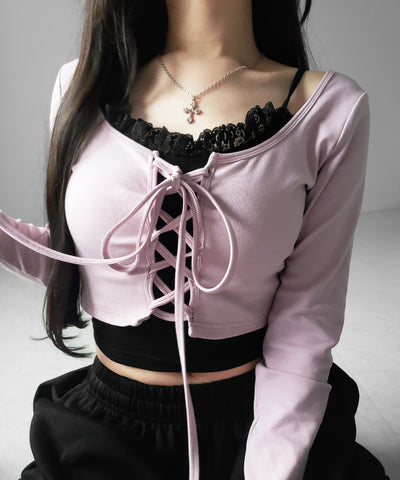 【 新色ピンクが追加！／２点セット 】レースアップリボンショートトップス ＋ レースキャミ SET ／ lace up ribbon short tops + lace cami SET