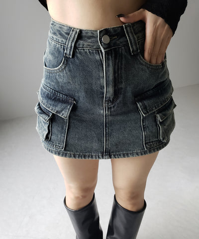 【 ３size ／ ２color 】ダブルポケットヴィンテージカーゴデニムミニスカパン ／ double pocket vintage cargo denim mini skirt pants