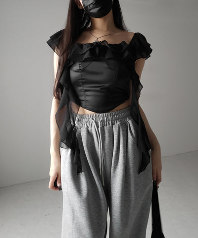 【 ２color ／ ２WAY 】シアーフリルコルセットサテンショートブラウス ／ sheer frill corset satin short blouse