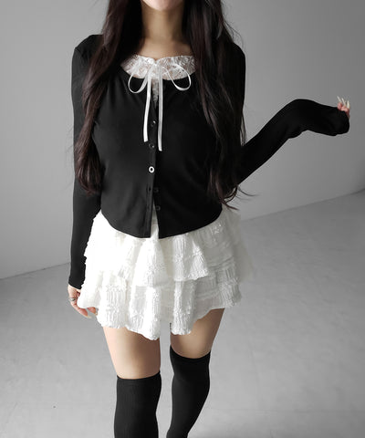 フロントリボンレースレイヤード長袖リブカーディガン ／front ribbon lace layered long-sleeve rib cardigan