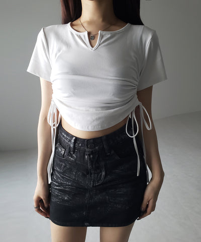 【 ２color 】サイドシャーリングリボン半袖ショートＴシャツ ／ side shirring ribbon short Tee