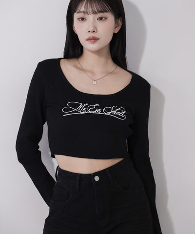 レタリングロゴ刺繍スクエアネックショートリブニットトップス ／ lettering logo embroidery square neck short rib knit tops