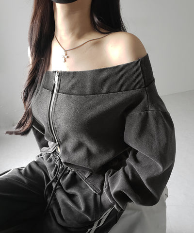 【 ２color 】ダブルジップピグメントオフショルスウェットトップス ／ double zip pigment off shoulder sweat tops