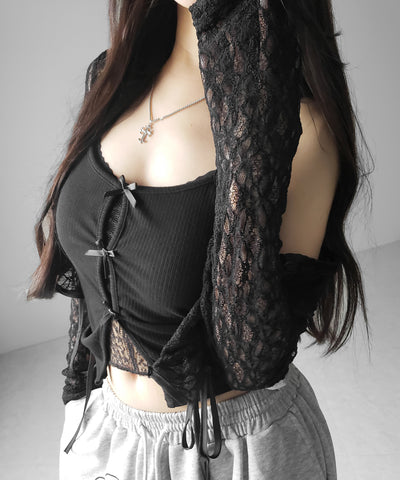 フロントリボンレースレイヤードリブキャミソール ／Front ribbon lace layered ribbed camisole