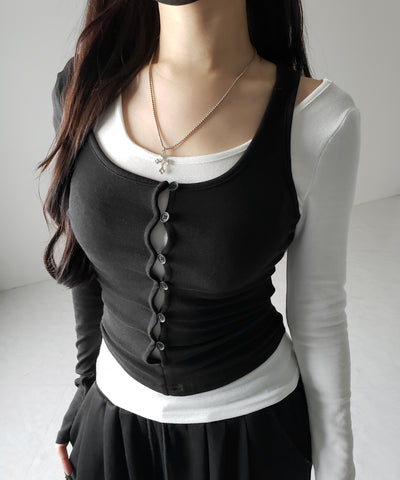【 ２color 】ブロッキングセットレイヤードトップス ／ blocking set layered tops
