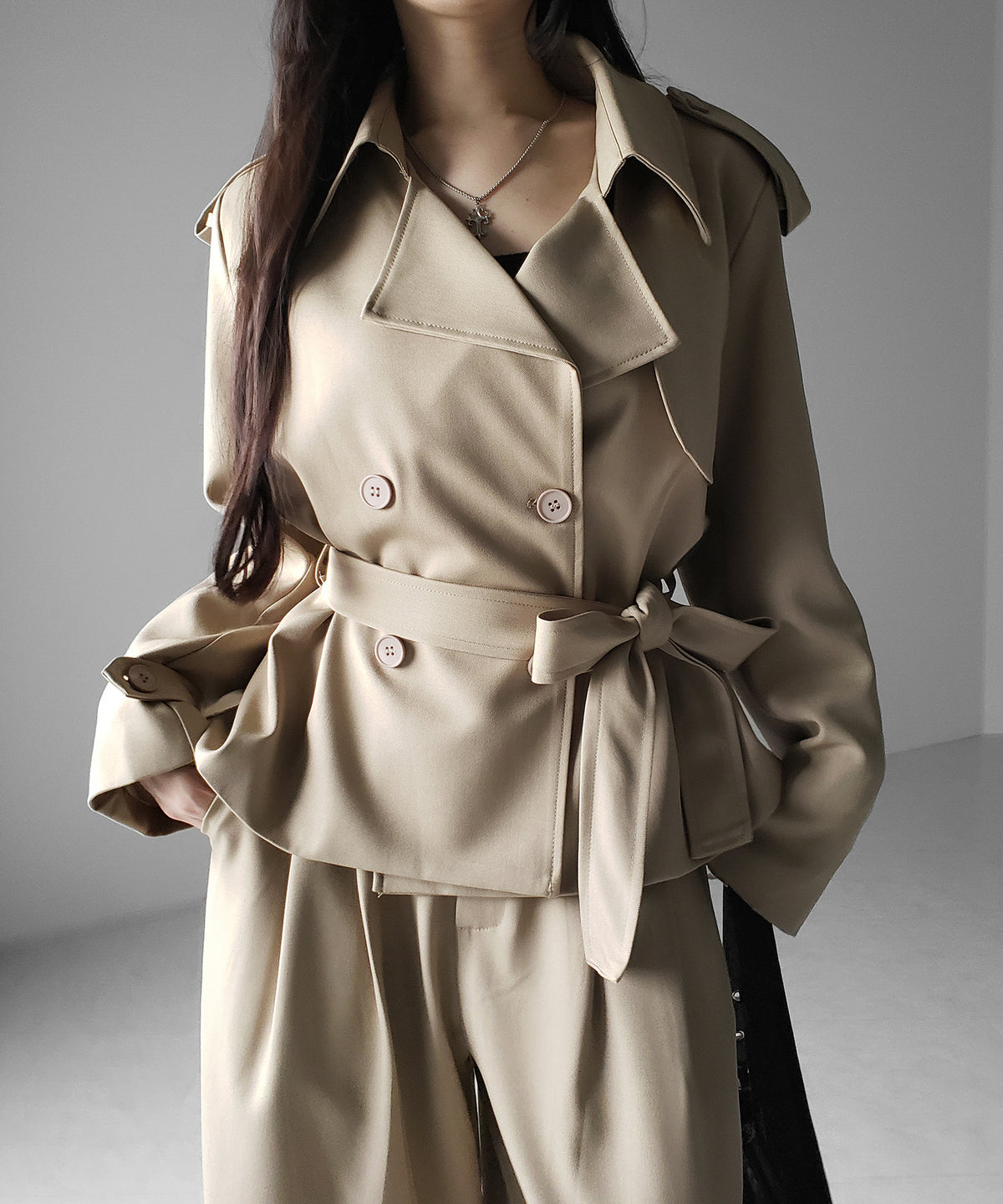 【 上下セットアップ 】ウエストマークショートトレンチコート ＋ タックワイドスラックスパンツ SETUP ／ Waist-mark short trench coat + tuck wide slacks pants