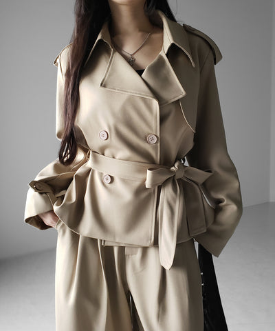 【 上下セットアップ 】ウエストマークショートトレンチコート ＋ タックワイドスラックスパンツ SETUP ／ Waist-mark short trench coat + tuck wide slacks pants