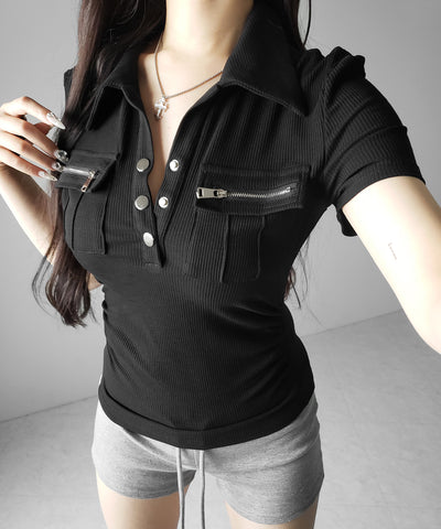 アウトポケットポロネックリブカットソートップス ／ out pocket polo neck rib cutsew tops