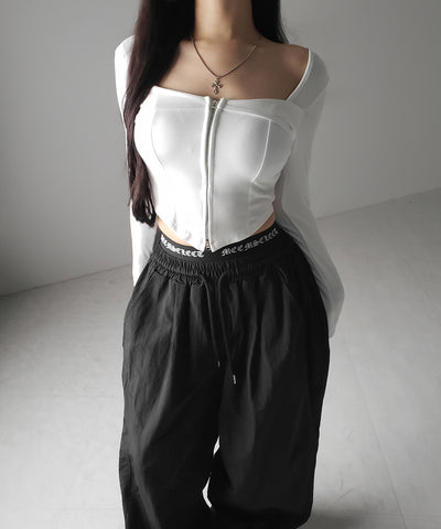 【 ２color 】ダブルジップコルセットスクエアネックロンＴ ／ double zip corset square neck longsleeve T-Shirt