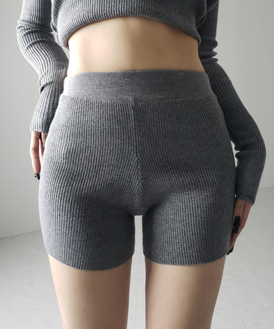 【 セットアップ 】ヘンリーネックスリムリブニットトップス＆ニットショートパンツ SET ／ henley neck slim rib knit tops ＆ knit short pants SET