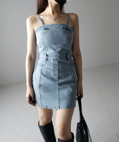 【 ２color 】ウォッシュデニムハイウエストミニキャミワンピース ／ wash denim high waist mini cami onepiece