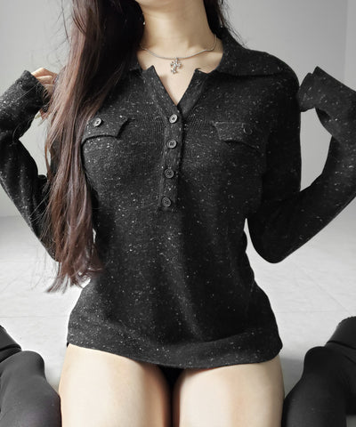 スキッパーボタン長袖ロングニットトップス ／ skipper button long sleeve long sheer knit tops