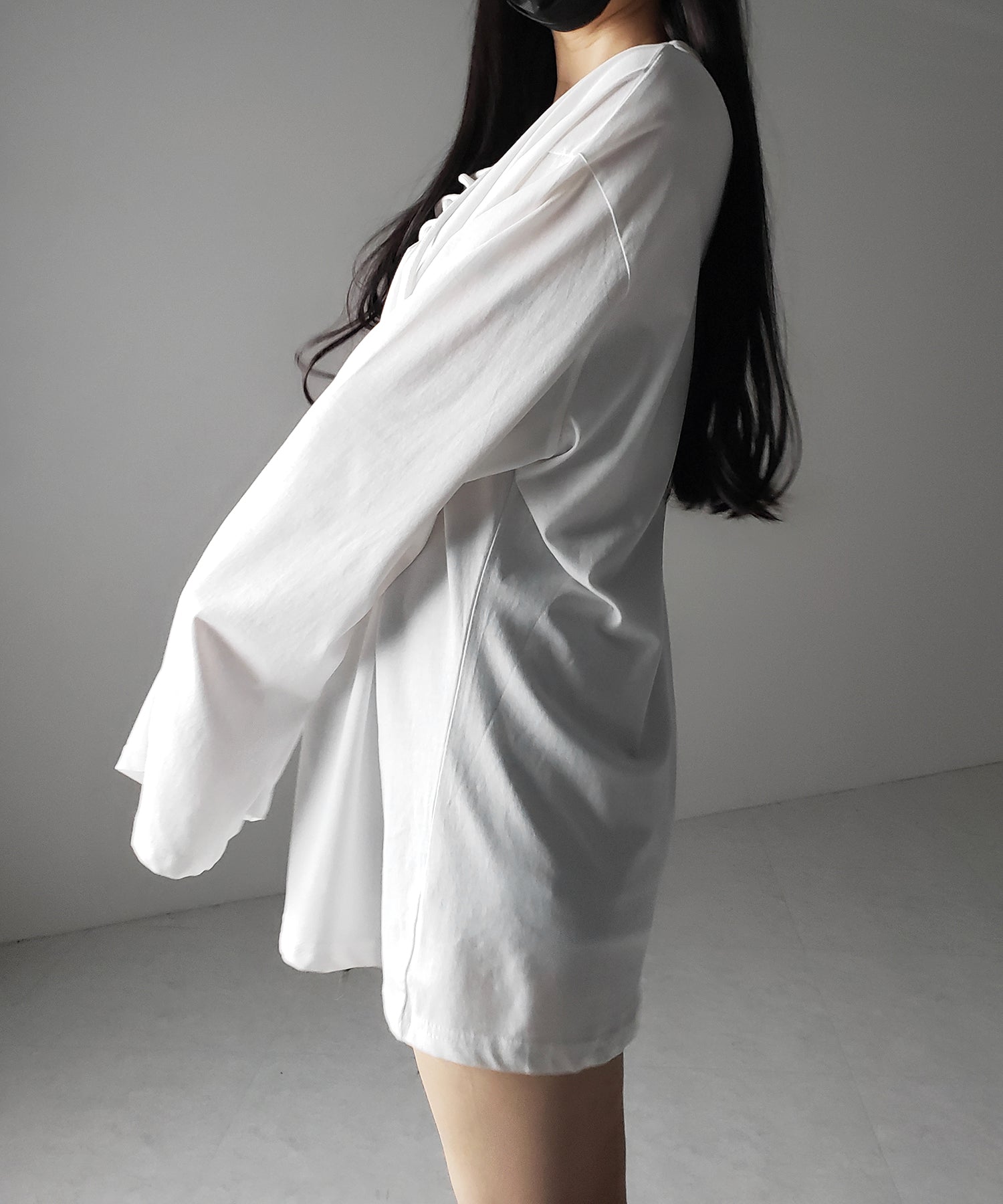 【 ２color 】レースアップルーズシルエット長袖ビッグTシャツ ／ laceup loose silhouette long sleeve big T-shirt