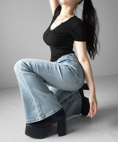ヘンリーネックタイトフィット半袖リブニットトップス ／ Henley neck tight fit short sleeve rib knit tops