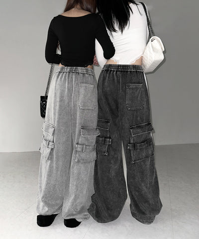 【 裾絞り可能２WAY 】サイドラインピグメントワイドカーゴスウェットパンツ ／ sideline pigment wide cargo sweatpants