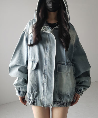 【 ２color 】ヴィンテージデニムダブルジップフードブルゾン ／ vintage denim double zip hoodie blouson