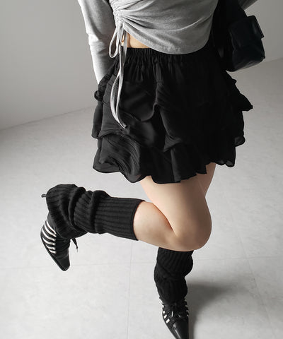 【 インパン裏地付 】３段クリンクルシアーフリルボリュームミニスカート ／ crinkle sheer frill volume mini skirt