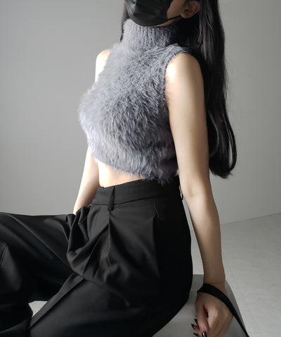 【 ３color 】タートルネックショートシャギーノースリニットトップス ／ turtleneck short shaggy nosleeve knit tops