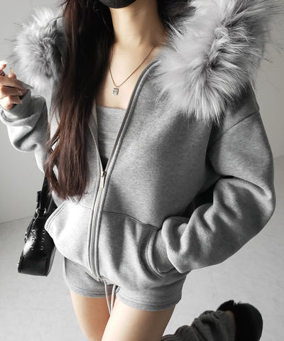 【 セットアップ 】裏起毛ファーフードオーバージップパーカー＆スウェットショートパンツ ／ Urakimo fur over zip hoodie ＆ sweat short pants SETUP