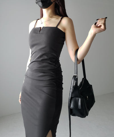 【 パッド付き 】バックストラップサイドシャーリングスリットロングキャミワンピース ／ back strap side shirring slit long cami onepiece