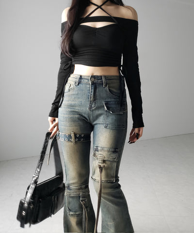 【 ２color ／ ４size 】ベルテッドアウトポケットヴィンテージフレアデニム ／ belted out pocket vintage flare denim