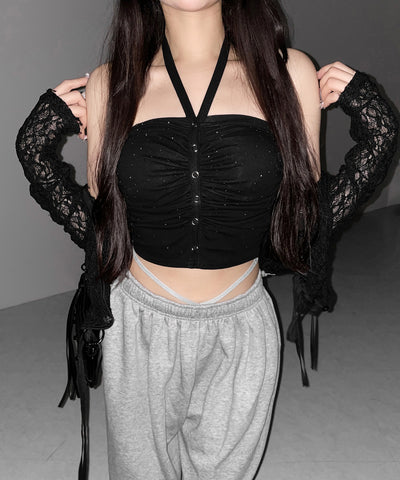 ラインストーンホルターネックスナップギャザーベアトップ ／ Rhinestone halter neck snap gathered bare top