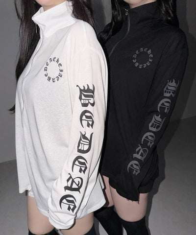 グランジロゴスタンドジップアップオーバーシアートップス ／ grunge logo stand zipup over sheer tops