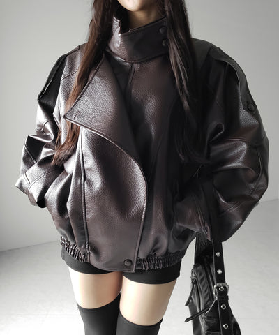 ヴィンテージフェイクレザースタンドカラージップアップブルゾン ／ 2WAY vintage fake leather stand collar zipup blouson
