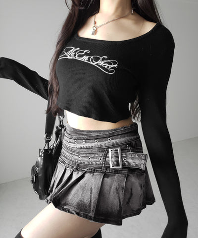 【 インパン裏地付 】ダブルベルトヴィンテージデニムプリーツミニスカート ／ double belt vintage denim pleats mini skirt