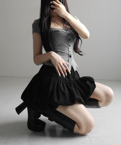 【 ２color ／インパン裏地付き 】ティアードコットンバルーンミニスカート ／ tiered cotton balloon mini skirt