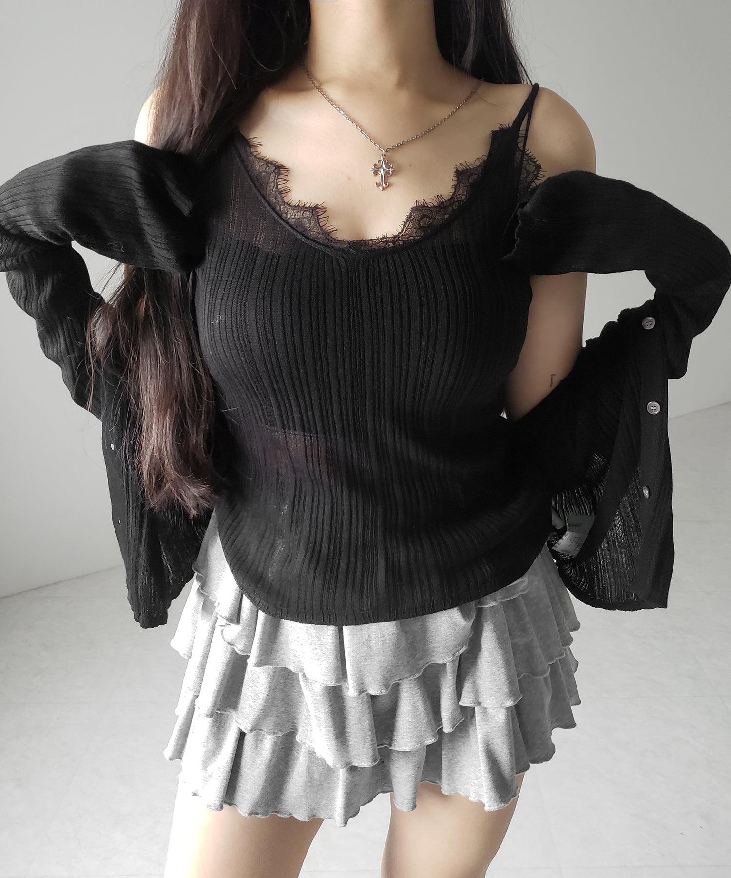 【 ２点セット 】レースニットキャミソール ＋ シアーニットカーディガン SET ／ lace knit camisole + sheer knit cardigan SET