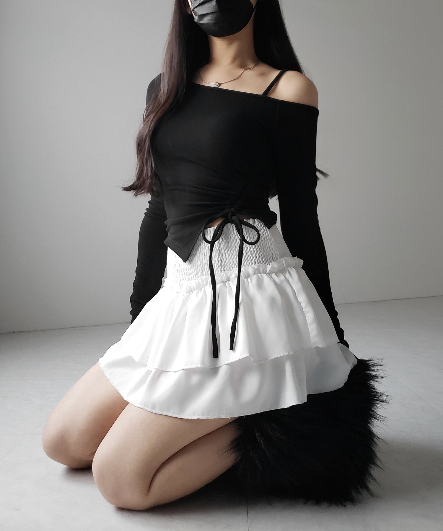 【 裏起毛 ／ カップ付 】サイドシャーリングリボンワンショルトップス ／ side shirring ribbon one shoulder tops
