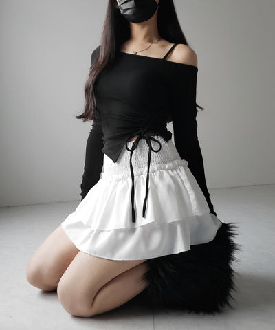 【 裏起毛 ／ カップ付 】サイドシャーリングリボンワンショルトップス ／ side shirring ribbon one shoulder tops