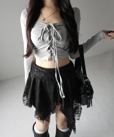【 ３color 】レースアップフロントリボンショートスリムトップス ／ lace up front ribbon short slim tops
