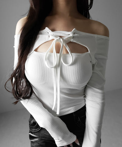 レースアップリボンカットアウトオフショルリブロンT ／ lace up ribbon cutout offshoulder ribbed long T-shirt