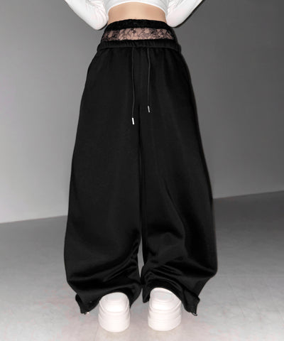 ウエストレースレイヤードスウェットパンツ ／ waist lace layered sweat pants