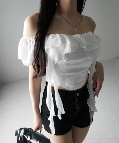 【 ２color ／ ２WAY 】シアーフリルコルセットサテンショートブラウス ／ sheer frill corset satin short blouse