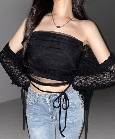 ウエストクロスチュールドッキングベアトップ ／ waist cross tulle docking bare top