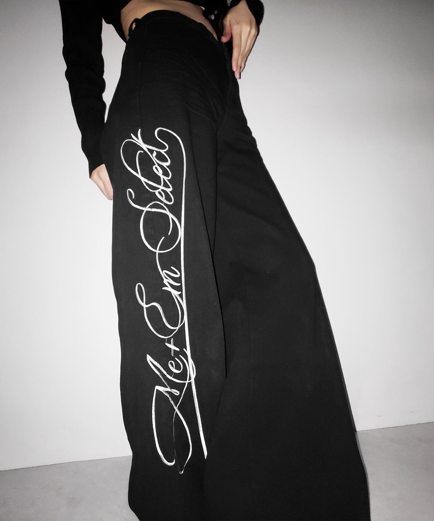 レタリングロゴ刺繍ハイウエストワイドブラックデニム ／ lettering logo embroidery high waist wide black denim