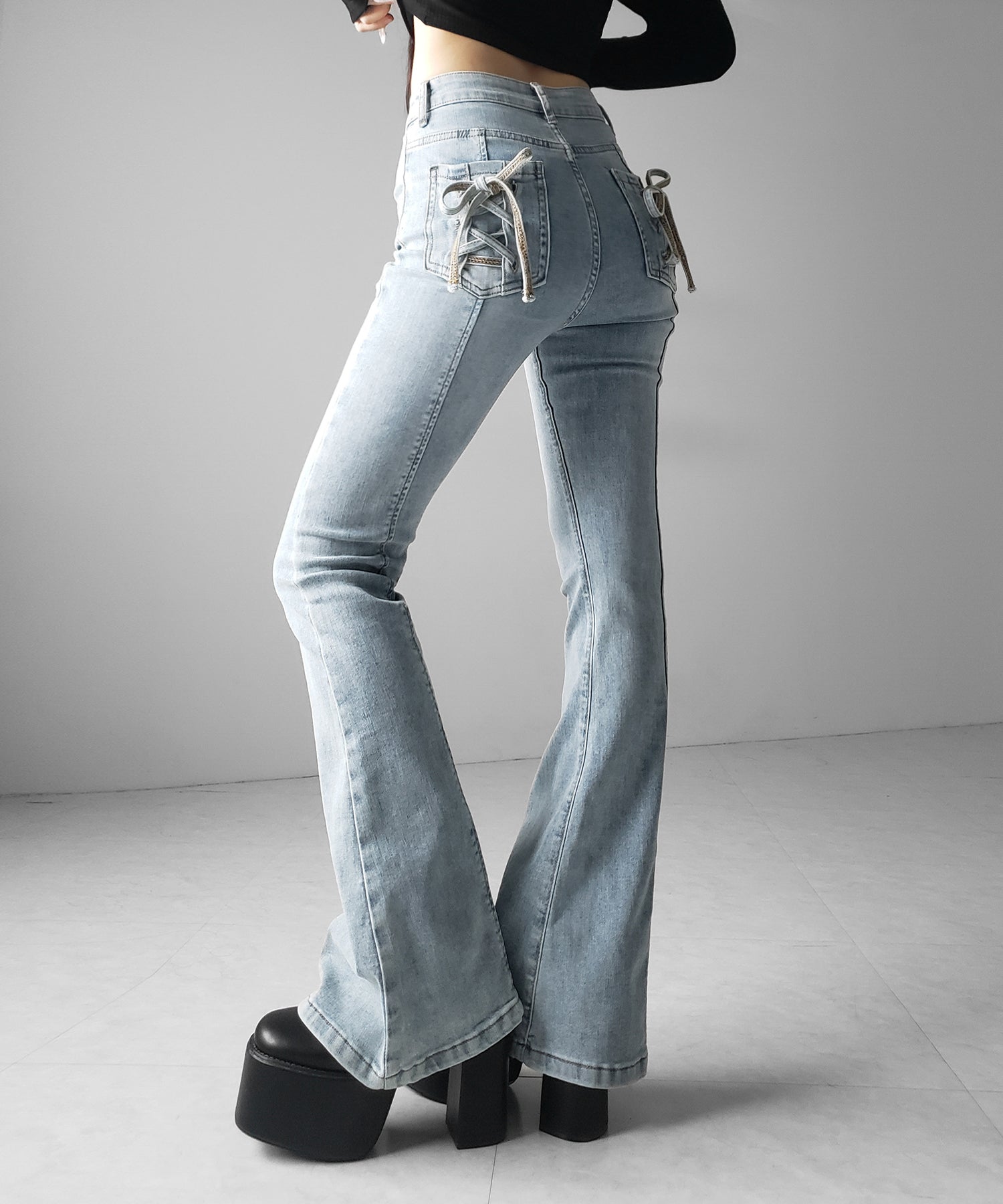 【４size 】バックリボンレースアップ美脚ストレッチフレアデニム ／ back ribbon lace up slim leg stretch flare denim