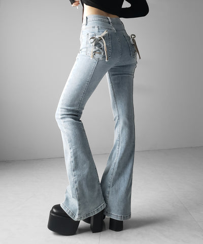 【４size 】バックリボンレースアップ美脚ストレッチフレアデニム ／ back ribbon lace up slim leg stretch flare denim