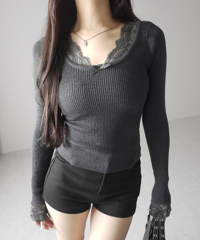 フロントリボンレース切替リブニットトップス ／ front ribbon lace switching ribbed knit tops