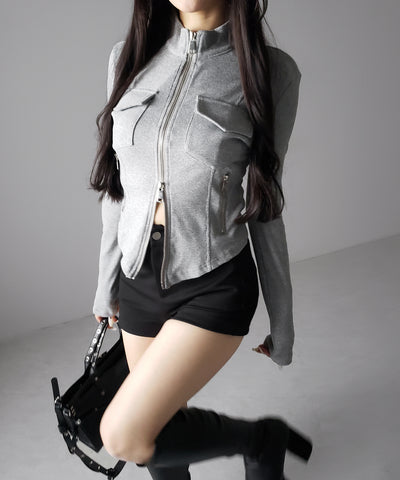 アウトポケットダブルジップスリムリブトップス ／ out pocket double zip slim ribbed tops