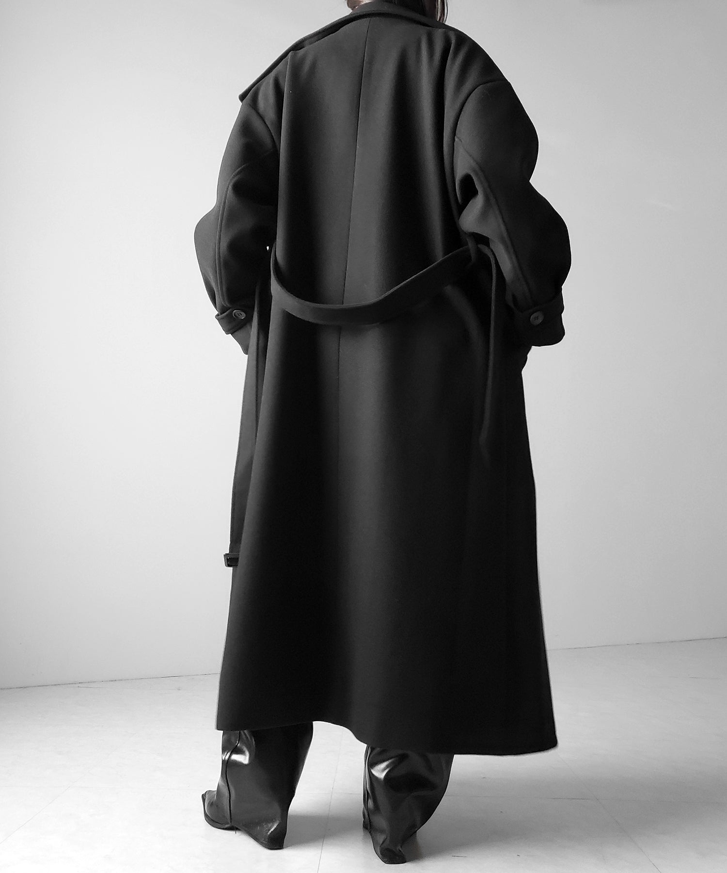 袖ベルトオーバーサイズ2wayスタンドカラーメルトンロングコート