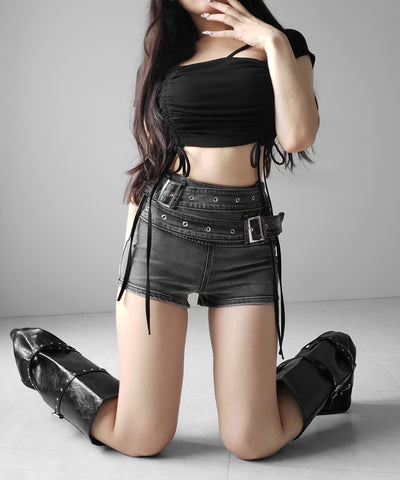 ダブルベルテッドマイクロミニデニムショートパンツ ／ double belted micro mini denim short pants