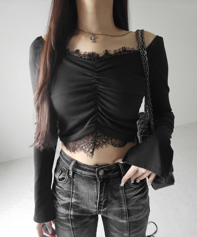 【 ２color 】レースドッキングシャーリングショートカットソートップス ／ lace docking shirring short cutsew tops